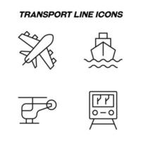 símbolos monocromáticos aislados dibujados con una delgada línea negra. Perfecto para tiendas, comercios, anuncios. conjunto de iconos vectoriales con signos de avión, buque de carga, helicóptero, tren, metro vector