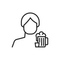 hobby, negocio, profesión del hombre. símbolo de contorno vectorial moderno en estilo plano con línea fina negra. ícono monocromo de taza de cerveza por hombre anónimo vector