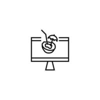 signo monocromo dibujado con una delgada línea negra. perfecto para recursos de internet, tiendas, libros, tiendas, publicidad. icono de vector de coco dentro de la computadora