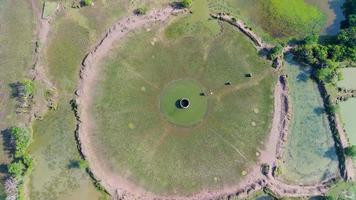 Aerial view of unique fish pond cultivation in the form of a natural circle like a natural phenomenon. Drone Videos 4K