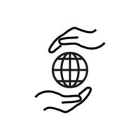 Support and gift signs. Minimalistic isolated vector image for web sites, shops, stores, adverts. Editable stroke. Vector line icon of earth or globe between outstretched hands