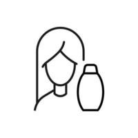 Profession, occupation, hobby of woman. Outline sign drawn with black thin line. Editable stroke. Vector monochrome line icon of bottle of shampoo by female