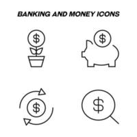 Monochrome isolated symbols drawn with black thin line. Perfect for stores, shops, adverts. Vector icon set with signs of money tree, moneybox, deposit, dollar, money exchange