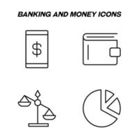 Monochrome isolated symbols drawn with black thin line. Perfect for stores, shops, adverts. Vector icon set with signs of dollar on phone display, wallet, scales, pie chart