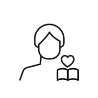 Hobby, business, profession of man. Modern vector outline symbol in flat style with black thin line. Monochrome icon of heart over book by anonymous male