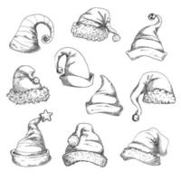 Santa hats pencil sketch icons vector