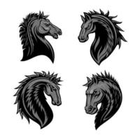 Raging stallion head heraldic icons set vector