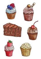Chocolate cake, cupcake sketches with cream, fruit vector
