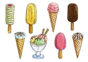 boceto de cono de helado, paletas heladas y sundae vector