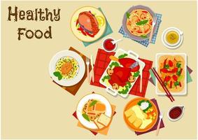 Seafood and meat dishes with vegetables icon vector