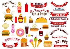 bocadillos de comida rápida, bebidas, emblemas de cintas vector