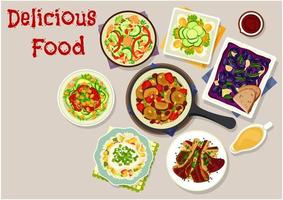 Lunch dishes with salads icon for menu design vector