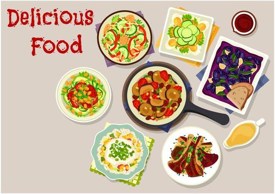 Lunch dishes with salads icon for menu design