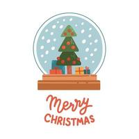 Merry Christmas snow globe lettering flat design isolated vector illustration