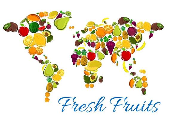 Fresh fruits icons in world map shape
