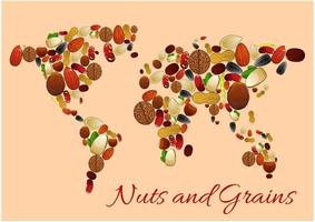 mapa mundial compuesto de nueces, semillas y granos vector