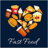 I love fast food flat icons in heart shape vector