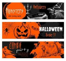 Halloween chalk sketch elements on blackboard vector