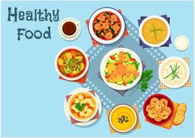 Rich soup and seafood dishes icon, food design vector