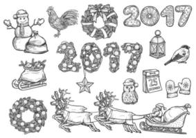 Vector sketch symbols for 2017 Christmas, New Year