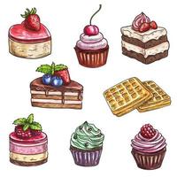 pasteles de postre, cupcakes boceto vectorial aislado vector