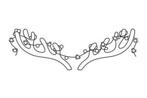 Antlers and garland outline vector illustration. Isolated doodle horns of deer and lights. Christmas design element black sketch on white background