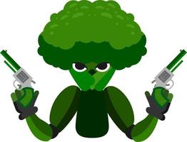 broccoli fruit vegetables wars with weapon two hand gun serial illustration vector graphics cartoon good for mascot, kids coloring book and design product