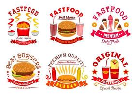 Fast food snack, dessert menu signs, icons set vector