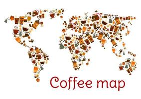 Coffee world map poster with cup and dessert vector