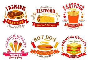 Fast food menu icons, labels, emblems set vector