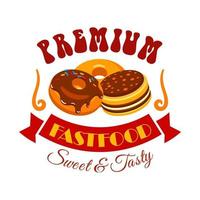 Sweet and tasty donut and cake fast food emblem vector