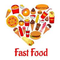iconos de comida rápida en el emblema de forma de corazón vector