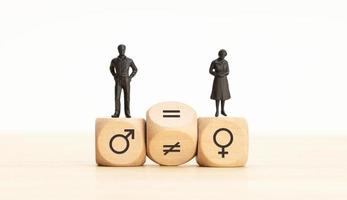 Gender discrimination to equality concept. Man and woman figurine on wooden blocks with symbols photo