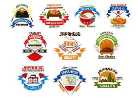 Japanese food and seafood restaurant emblems vector