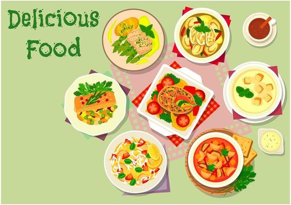 Vegetable and fish dishes icon for menu design