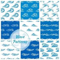 Waves, water splashes seamless patterns set vector