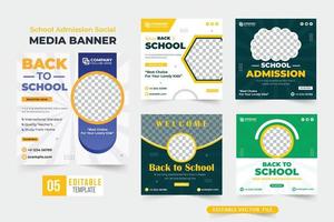 Simple school admission web banner template set with dark and yellow colors. Academic course and online registration poster bundle with abstract shapes. Back-to-school social media post collection. vector