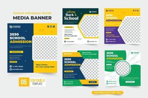 publicaciones académicas creativas en medios sociales y colecciones de banners web en colores oscuros y amarillos. plantilla de promoción de registro universitario con formas abstractas. paquete de publicaciones en redes sociales de admisión a la escuela. vector