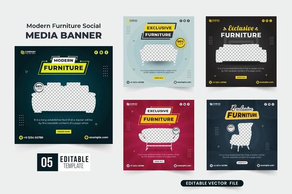 Modern furniture social media post collection with dark backgrounds. Furniture sale discount web banner bundle for advertisement. Furniture promotional template set vector with abstract shapes.