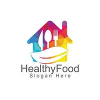 Healthy home food logo template. Organic food logo with spoon, fork, knife and leaf symbol. vector