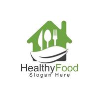 Healthy home food logo template. Organic food logo with spoon, fork, knife and leaf symbol. vector