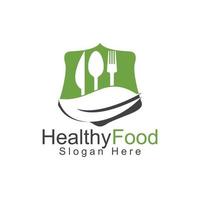 Healthy food logo template. Organic food logo with spoon, fork, knife and leaf symbol. vector