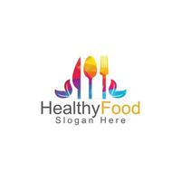Healthy food logo template. Organic food logo with spoon, fork, knife and leaf symbol. vector