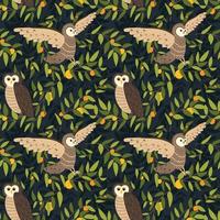 Owl on the branches of trees, seamless pattern, vector illustration