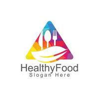 Healthy food logo template. Organic food logo with spoon, fork, knife and leaf symbol. vector