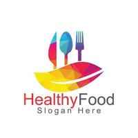 Healthy food logo template. Organic food logo with spoon, fork, knife and leaf symbol. vector