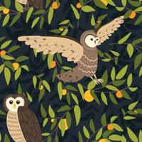 Owl on the branches of trees, seamless pattern, vector illustration