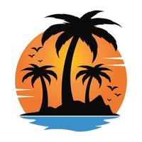 vacaciones y diseño de logotipo de vector de turismo. sol de playa y logo vectorial de palmera. signo de viajes y turismo. diseño de logotipo vectorial para el negocio de hospitalidad de estancia en casa de resort.