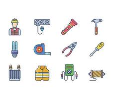 Electrician and electrical work element icon set vector