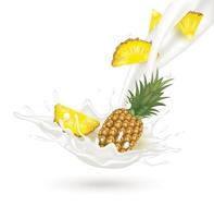 Pineapple milk yogurt splashing isolated on white background. Exercises and eat healthy food. Health concept. Realistic 3d vector illustration.